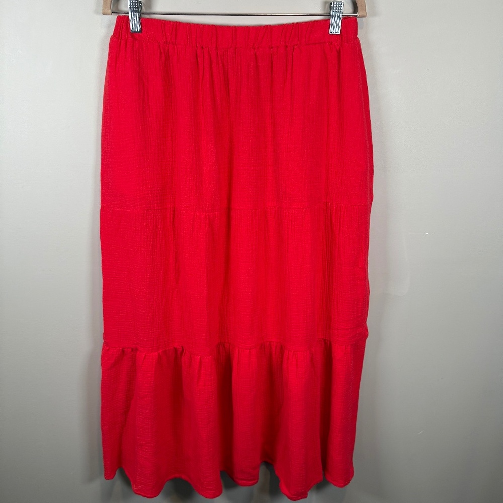 Rachel Zoe Gauzy Cotton Tiered Midi Skirt in Bright Red Size Large